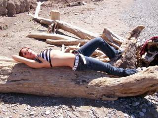 Mr.D almost tied her down to this log to give her a fucking from hell!!