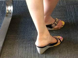 Ouk at the bank wearing her sexy asian wedges..mmmmmm ..if you were in line waiting  too and you had a foot fetish ..what would you be doing ???????