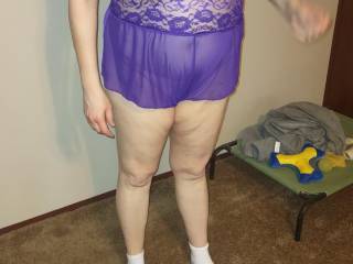 Some photos of the wife in her new purple lingerie, who would love to have her model and pose for them. Send your requests.