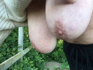 Jun 8th 23 - on a bridge she holds on to a lower rail while a friend pays with her hanging big tits