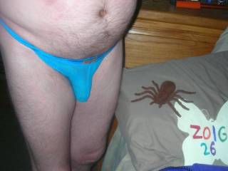 A frontal standing view as I wear my undie near my bed. A Nikon S10 camera was used.