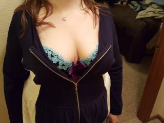 The wife showing off her new shirt and bra.