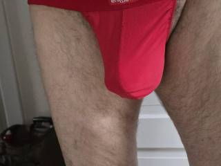 I love modeling in my RED  ERGOWEAR THONG with a pouch. My gorgeous cock fits in there very well