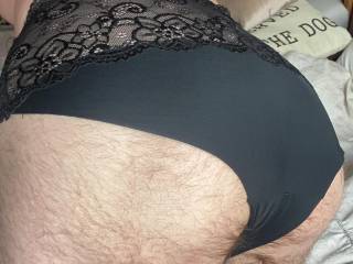 Wearing the wife’s black lacy panties x