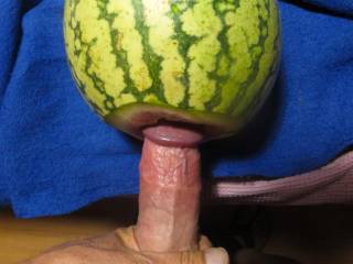 Pushing my big dick into a fresh and juicy watermelon ... please suck me off, honey!