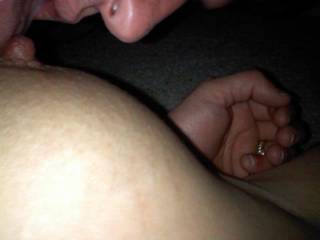 Hubby licking my friend DD's while she enjoys it on her back
