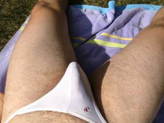 Lounging in white Joe Snyder thong - plenty of room when things start stirring!