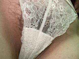 Showing hubby today’s panties. I think he’s gonna wanna roll them off my hips later and eat my hairy hole