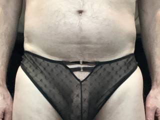 See thru lace panties if you look close enough you will see my cock showing thru do you like ?