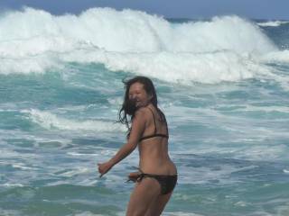 Sometimes you have to wear clothes, even in Hawaii but I love her butt in this bikini, picked it out myself.