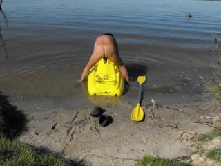 about to enjoy some nude kayaking at Lake Bonney's nudist beach in 40 degree heat and the water was nice and cool