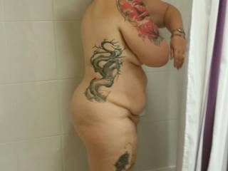Mrs W in the shower in our hotel.