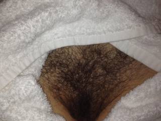 Hairy pussy surrounded by hotel towels after shower pre fuck