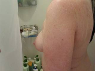 Frisky hubby pulled back the shower curtain... again!