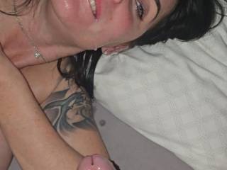 She was pleased with her efforts! And rewarded with a mouthful of semen!