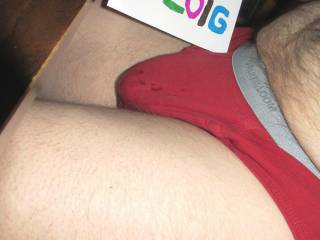 Just a close up of the bulge in my red underwear,while sitting at my desk.
