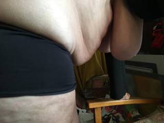 1 of 2 - practicing positions. Holding the arms of a chair, my friend lets her big tits hang ...