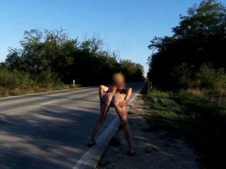 Flashing naked on the road side - Would you lick my pussy and my ass for me here?