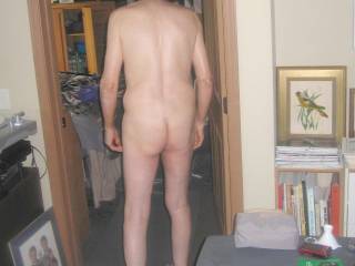My body and butt as I stand in late April of 2025. Camera used, S70.