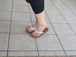 Showing her new flip flops off with her new red french tip sexy long toes