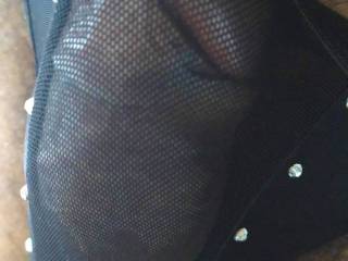 I like how his cock looks in these panties.. all big fat and hard in the transparent mesh thongs with the glittering diamonds making me want to feel him..
