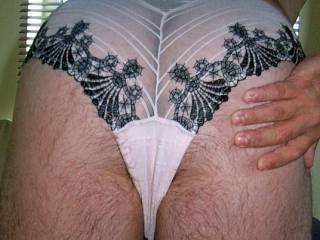 My embroidered lace, flesh coloured panties.  So soft around my butt and cock.