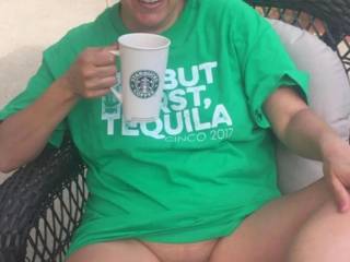 In the yard enjoying a morning coffee