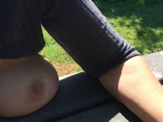 Scene: A picnic table in a Country Park one afternoon. My friend sits one side, gets her big tits out, resting them on the top. The guest stands the other side, and also rests something on the top. She reaches a hand out ...