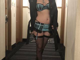 This is the outfit my slut wife wore out to dinner and drinks on a recent night away these pics were taken on way back to hotel room, how hot is she