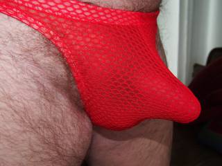 My favorite red thong! I love the way they look with my hard cock, don\'t you?
