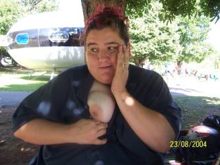 feeling frisky, she flashed me as discreetly as she could in front of a well-known iconic treasure of the past. people from far and away know this saucer